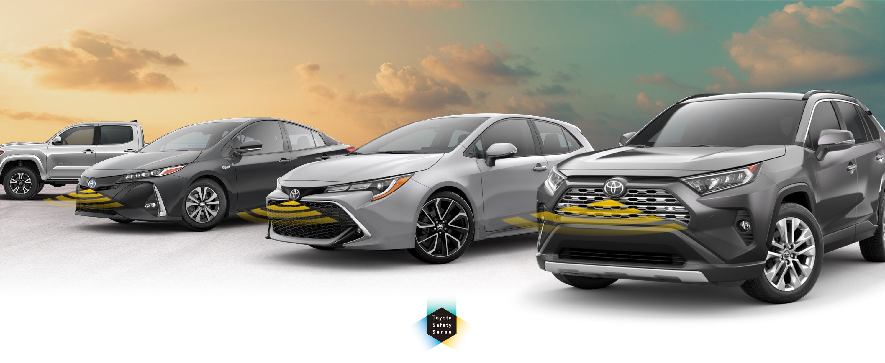 Toyota Safety Sense: Designed for Safety. Options shown on Toyota models including RAV4, Tacoma, and Camry, available now at Greenville Toyota in Greenville NC.